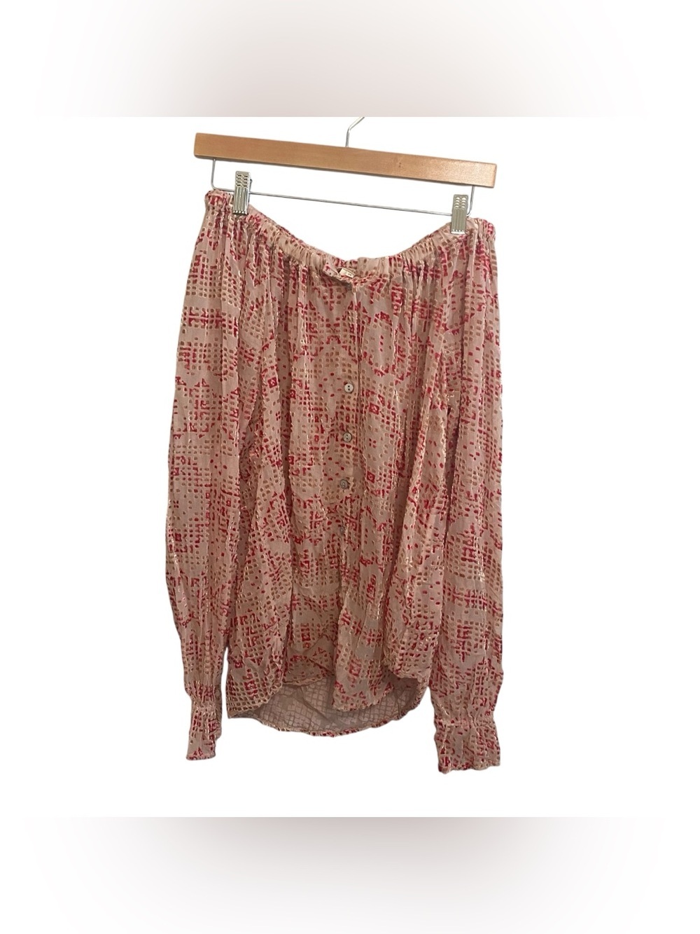 Sundance Pink Silk Blend Long Sleeve Off The Shoulder Burnout Blouse Size Medium